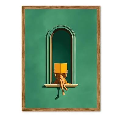 Framed Woman Reading Book Wall Art, Minimalist Emerald Green Window Pictures Wall Decor, Girly Coquette Dopamine Aesthetic Paintings Canvas Prints for Living Room Bedroom Library Nook 12x16 Inch