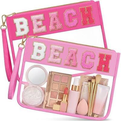 Remerry 2 Pcs Chenille Letter Clear Pouch Monogram Preppy Patch Bag Cute Waterproof PVC Makeup Cosmetic Toiletry Snack Organizer for Women Travel Gym Purse(Beach,Rose Red)