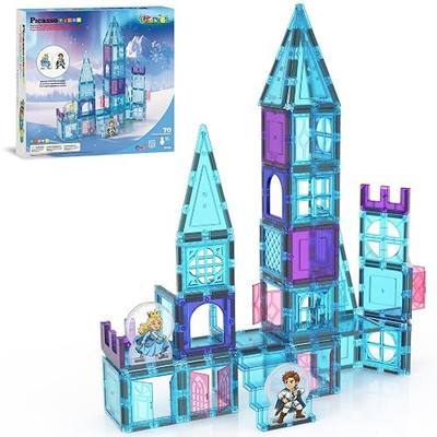 PicassoTiles 70pc Magnetic Tiles Winter Ice Castle Construction Magnet Tile Block Set with Princess Prince Characters Stair Case Windows Doors Pretend Play STEM Educational Toys Toddlers Ages 3+ PT721