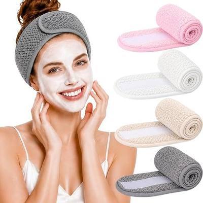 4PCS Spa Headband for Women Adjustable Terry Cloth Skincare Headband Stretch Towel Head Wrap for Bath, Makeup Facial Mask(White+Grey+Khaki+Pink)