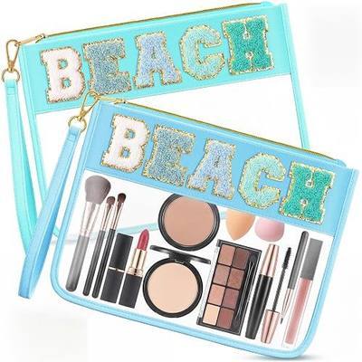 Remerry 2 Pcs Chenille Letter Clear Pouch Monogram Preppy Patch Bag Cute Waterproof PVC Makeup Cosmetic Toiletry Snack Organizer for Women Travel Gym Purse(Beach,Turquoise Blue & Soft Green)