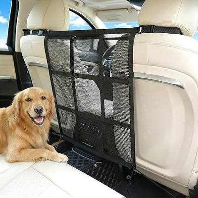 Aolamegs Dog Car Net Barrier, 27.2" x 22.4" Extra Large Pet Divider for Car/SUV/Truck, Sturdy 9-Grid Mesh Organizer with Zippered & Open Pockets, Secure Vehicle Barrier for Pets