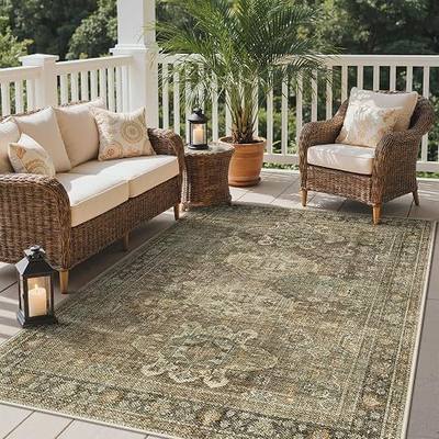 GENIMO 5x8 Outdoor Rug, Washable for Patio and Deck, Sage | Vintage boho medallion design for porch; fade resistant chenille with quick-dry non-slip backing for indoor sunroom.