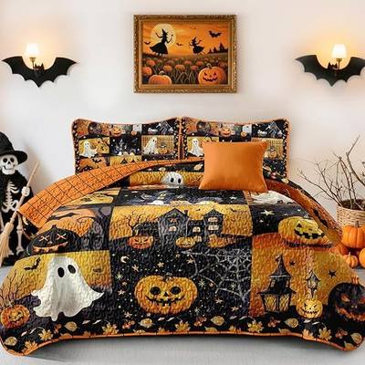 DJY Halloween Quilt Set Queen Size, Patchwork Black Orange Pumpkin Ghost Castle Bedspread Coverlet Set, Fall Halloween Pattern Festival Themed Bedding Set with 2 Pillowcases