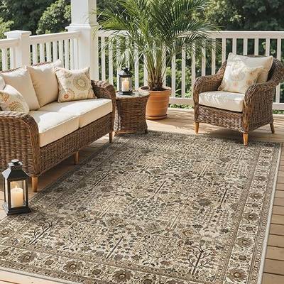 GENIMO 5x8 Outdoor Rug, Washable for Patio and Deck, Coffee Beige | Floral design for porch; fade resistant chenille with quick-dry non-slip backing for indoor sunroom.
