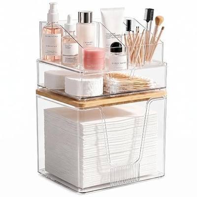 3-in-1 Disposable Facial Towel Holder & Makeup Organizer, Cotton Ball/Swabs Dispenser, Clear Storage with Bamboo Lid Compatible with Clean Skin Club Towel XL, Vanity Holder for Bathroom Coutertop