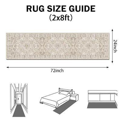 AooHHooA 2x8 Runner Rugs Beige Non Slip Low Pile Washable Vintage Boho Long Rug, Stain Resistant Soft Runners for Hallway Laundry Entryway Bedroom