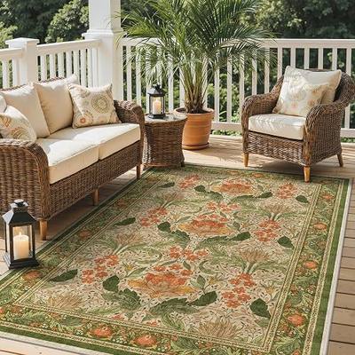 GENIMO 5x8 Outdoor Rug, Washable for Patio and Deck, Rust Green | Floral design for porch; fade resistant chenille with quick-dry non-slip backing for indoor sunroom.
