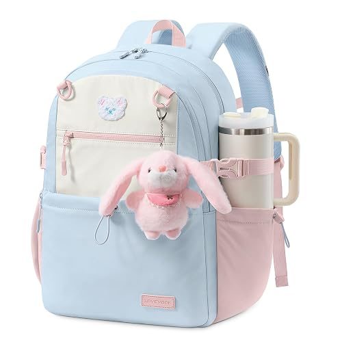 LOVEVOOK Backpack for Girls Ages 8-14, Cute School Backpack with Bunny Charm & Large Cup Holder for Elementary & Middle School, Fits 15.6 Inch Laptop, Large Capacity Girls Bookbag,Sky Blue-Pink-Beige