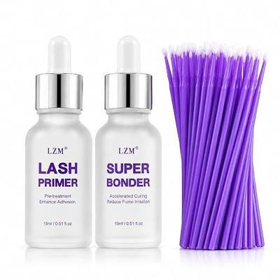 LZM Lash Bonder & Primer Kit for Long-Lasting Lash Extensions & Clusters | Glue Accelerator and Lash Sealant, Reduces Glue Fumes, Protein & Oil Remover, 15ml+15ml, 100 Micro Brushes