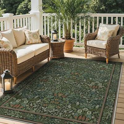 GENIMO 5x8 Outdoor Rug, Washable for Patio and Deck, Sage Green | Floral design for porch; fade resistant chenille with quick-dry non-slip backing for indoor sunroom.