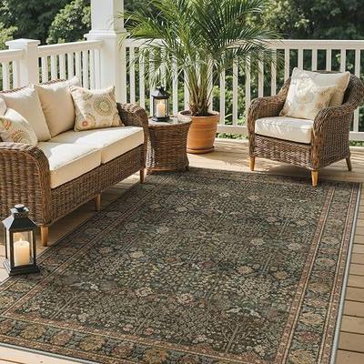 GENIMO 5x8 Outdoor Rug, Washable for Patio and Deck, Deep Green | Floral design for porch; fade resistant chenille with quick-dry non-slip backing for indoor sunroom.
