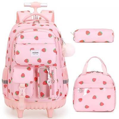 ACESAK Rolling Backpack for Girls, Roller Backpack with Lunch Bag & Pencil Pouch for Teen Girls Kids, Bookbag Backpack with Wheels for Women Elementary Middle High School Travel (Pink Strawberry)