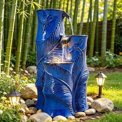 Autodaya Tropical Blue Ceramic Outdoor Water Fountain with Lights | 25" 3-Tier Bamboo-Style Cascading Waterfall Feature, Tropical Leaf Dragonfly Texture, Tranquil Oasis for Garden Patio Yard