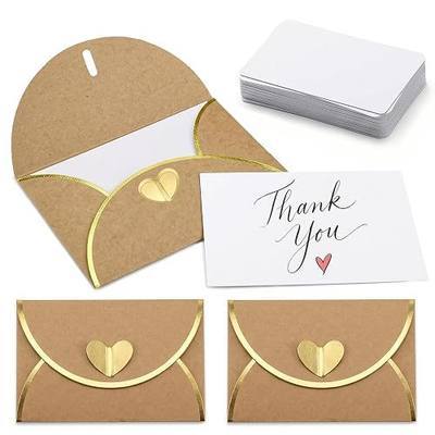 50 Pack Gift Card Envelopes, Kraft Mini Envelopes with Gold Border & Heart Shaped Clasp, Elegant Gift Card Holders for Wedding, Graduation, Birthday & Small Business Supplies (With Cards)