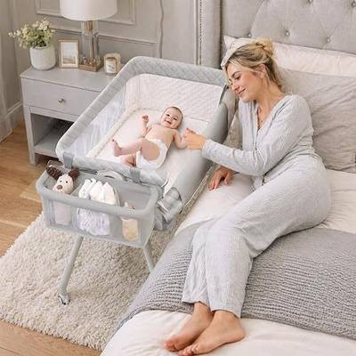 4-in-1 Baby Bassinet Bedside Sleeper with Wheels & Storage (Grey) | Bassinet with Mattress, 4-Adjustable Height Portable Newborn Baby Crib, Breathable Mesh Infant Bed