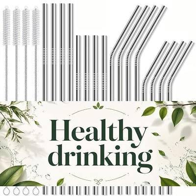 16 Pack Reusable Stainless Steel Metal Straws: 4 Straight 8.5" + 4 Bent 8.5" + 4 Straight 10.5" + 4 Bent 10.5", with 4 Cleaning Brushes, Dishwasher Safe for 20 24 30 oz Tumblers