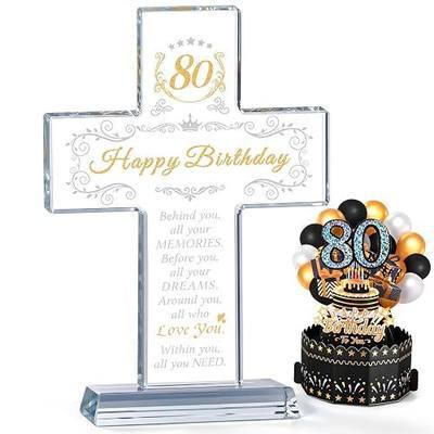 Gerrii 80th Birthday Gifts Set with Glass Cross Keepsake and 3D Greeting Card for Women Men 80 Year Old Birthday Presents, Mom Dad Christian Spiritual Tabletop Decor Milestone Celebration
