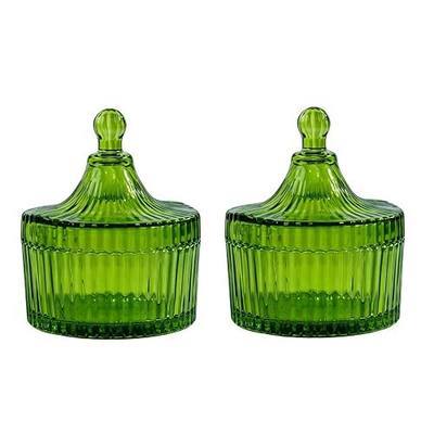 2 Pack Big Size Candle Holders with Lids,Body Powder Makeup Parts Container,Candy Glass Storage, Jar Dishes with Lids, Wedding Candy Buffet Jars, Food Containers, Decorative Jewelry Box,Green