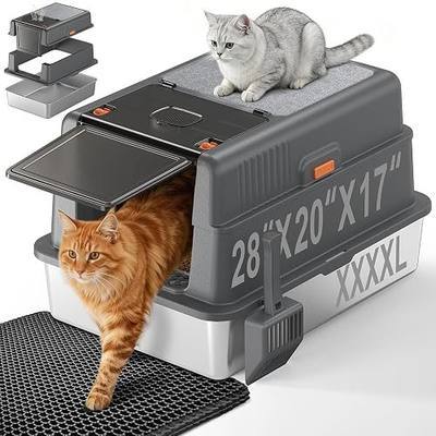 XXXXL Stainless Steel Litter Box with Lid,28.0" L × 20" W × 17" H Extra Large High Sided Cat Litter Box for Multi -Cats,Enclosed Metal Litter Box with Cat Scratcher and Scoop,Dark Gray