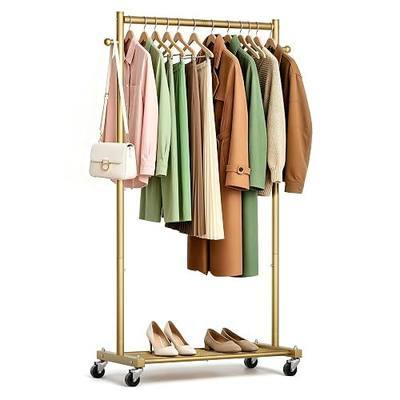 KEETDY 60" Small Clothing Rack for Hanging Clothes, Small Rolling Clothes Rack with Wheels, Heavy Duty Clothes Rack for Small Space, Closet, Laundry Room, Gold, 60" x 28" x 15.5"