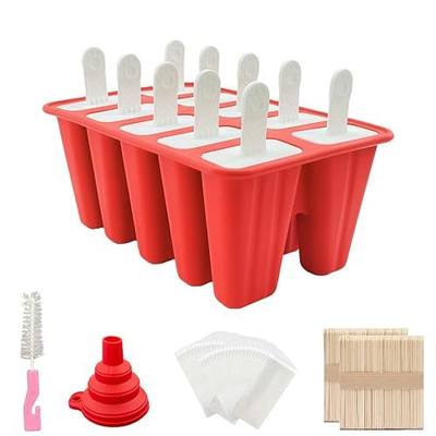 Homemade Popsicle Molds, 10-Cav Non-BPA Silicone Ice Pop Maker, with 100 Sticks, 100 Bags, 10 Reusable Sticks, Funnel, Brush (RED)