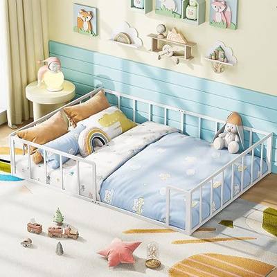 Timy Full Floor Bed for Kids Metal Montessori Bed Frame Playroom Bedroom | Features a slatless, 360° fully enclosed metal rail with a wide walk-in opening