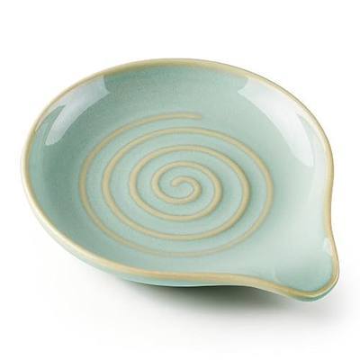 E-far Spoon Rest, Ceramic Spoon Holder for Stove Top, Heat-Resistant | 5 Inch Utensils Rest for Coffee Bar & Kitchen Counter Decor, Fits Ladles & Spatulas, Dishwasher Safe, Celadon Green