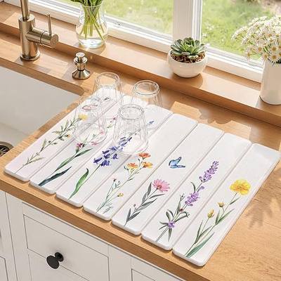LOKHOM Stone Dish Drying Mat for Kitchen Counter, 11.8"x15.7" Foldable Absorbent Stone Drying Mat with Watercolor Wildflower, Non-Slip Diatomaceous Earth Mat for Bath Dishes Cups, Floral