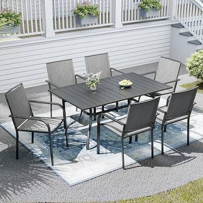7-Piece Outdoor Dining Set, All-Weather Patio Furniture Set, Gray | 63"x 38"x 28" Patio Dining Table, 6pcs Stackable Textilene Dining Chairs, 1.6"& 1.9" Umbrella Hole, Black Metal Frame