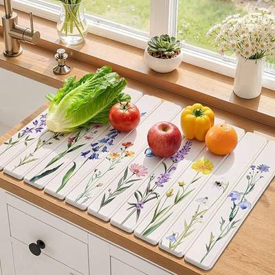 LOKHOM Stone Dish Drying Mat, 15.3"x23.6" Diatomaceous Earth Mat Floral | Watercolor Wildflower, Foldable, Absorbent, Non-Slip, Heat Resistant, For Kitchen Counter Bath Dishes Cups