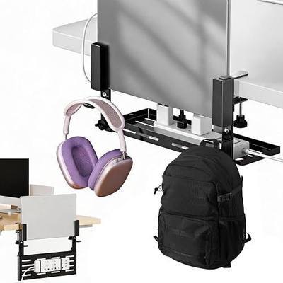 Desk Side Storage Organizer, Under Desk Clamp-on Vertical Laptop Holder | Under Desk Laptop Mount, No Drill Metal Shelf with Headphone Hook & Power Strip Holder, Black