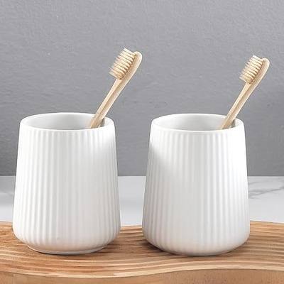 Ceramic Toothbrush Holders for Bathrooms - Striped White Toothbrush Cups, Bathroom Tumbler Cups Reusable Toothbrush Toothpaste Holders Set, White Mouthwash Cup, Bathroom Counter Organizer