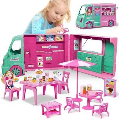 2 in 1 Dollhouse Ice Cream Truck for Girls Pretend Play Table Chairs Ice Cream Food Dessert Truck Toy House Accessories Camper Van Doll Playhouse Family Set Birthday Gift 3 4 5 6 7 8 Girl Toys Boy