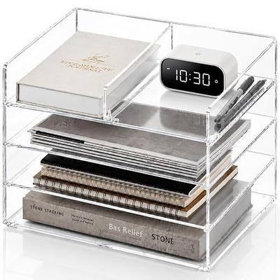 4-Tier Paper Tray Organizer Extra Large - Stackable Acrylic Desk Organizer | clear document sorter, vertical file holders, letter storage, workspace accessories, home, office, school, teachers, students
