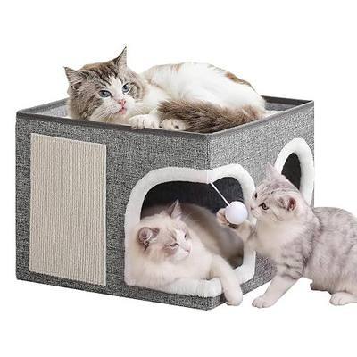 Cat Beds for Indoor Cats,Large Cat Cave House with Scratch Pad and Fluffy Ball,Foldable Cat Condo Hideaway, Modern Kitten Bed, Grey
