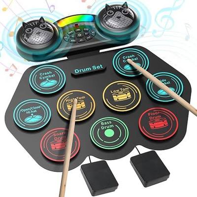 Electric Drum Set for Kids, Extra-Thick 9 Electronic Drum Practice Pad Roll-up with Headphone Jack, Built-in Rechargeable Battery and Double Speakers, Great Christmas & Birthday Gift