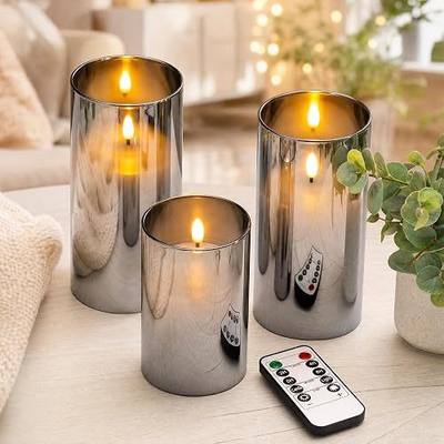 Glass Flickering Flameless Candles Real Wax Pillar Candles LED Battery Operated Candles with Remote Control and Timer Home Decor, Wedding 4"/5"/6" Set of 3,Grey