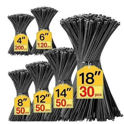 Black Zip Ties Assorted Sizes 4+6+8+12+14+18 inch, 500 Pack Cable Ties, UV-Resistant Zipties, Multi-Purpose for Home, Office, Garage & Cable Management, SiKuLin