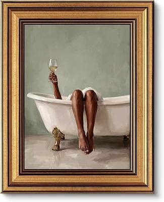 Gold Framed African American Woman Wall Art Luxury Black Woman Bathtub Wine Canvas Print Spa Bathroom Wall Decor Picture for Bathroom Apartment 9x11 inch