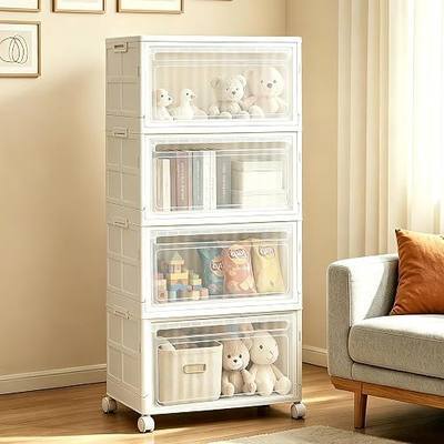 4 Tier Stackable Storage Bins with Lid and Wheels, 32QT Closet Organizers | Plastic Storage Containers with Doors, 4-Pack Collapsible Organizer Box for Bedroom Dorm Office and Garage