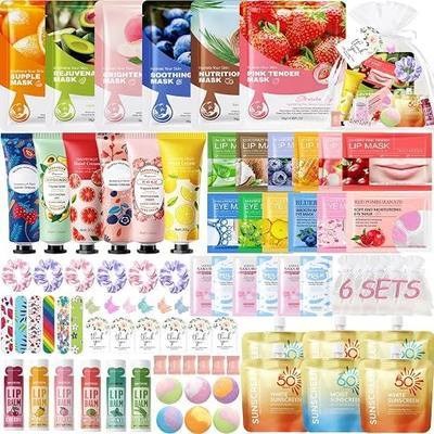 84 PCS Spa Party Supplies for Girls Women, Include Facial Mask,Hand Creams,Sunscreen,Exfoliating Scrub,Lip Balms,Eye Mask,Lip Mask,Foot Bath Bombs, Sleepover Party Favors Bulk Gifts for Girls Women