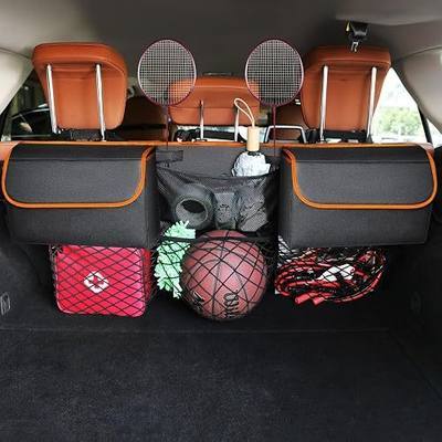 Deluxe Trunk Organizer, Orange, Compact & Mid Size SUV | Backseat Hanging, Waterproof Collapsible, 6 Pockets, Reinforced No-Sag Design