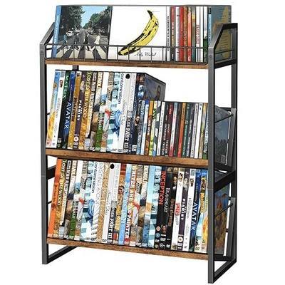 ELITEROO 3-Tier CD Storage Rack, Wood DVD Holder with 2-in-1 Assembly Design, Tilting CD Organizer Tower Holds Up to 112 CDs or 78 DVDs, Table Top DVD Display Stand for Music Enthusiasts, Rustic Brown