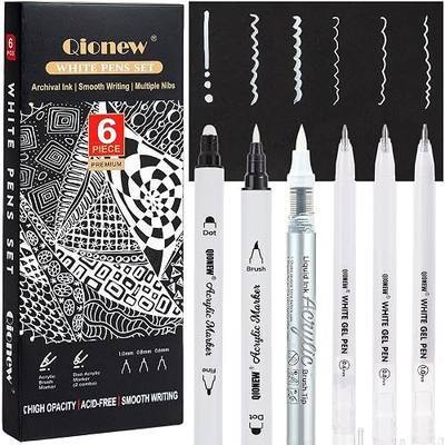 Qionew White Pens Set, Dual-Tip Acrylic Paint Markers White Gel Pens, 6Pcs | 1mm White Gel Pens, Brush Tip Acrylic Markers for Black Paper Drawing, Sketching, Illustration, Card Making, Journaling