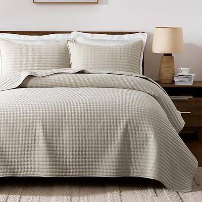 palassio King Quilt Bedding Set Channel Pick Stitch Striped Beige Coverlet | Thin Farmhouse Comforter, King Size 104"x92" + 2 Shams 20"x36", Soft Lightweight Bedspread, All-Season, Machine Washable