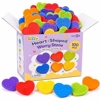 KLT Fidget Toys Bulk for Kids: 100pcs Heart Worry Stones - Quiet Classroom Rewards for Students - Small Calming Sensory Toys - Stress Relief & Focus Tools for Autism ADHD Kids - Prize Box Filler