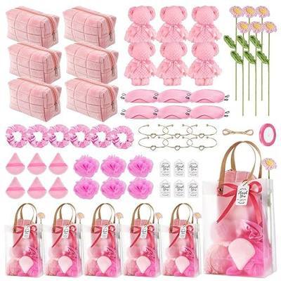 Rigibright 62PCS Baby Shower Prizes for Winners with Plush Cosmetic Bags and Towels Spa Accessories with Gift Bag for Baby Shower Games Wedding Bridal Shower Party Favors for Guests (6, Pink)