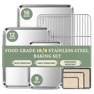 BRONYPRO 18/8 Stainless Steel Baking Sheet Set (3 Pans + 3 Mats+ 1 Rack) | Uncoated Cookie Sheets Non Toxic -PFOA & PTFE Free,Trays with Wire Rack & Macaron Silicone Mats, 9/12/16 Inch