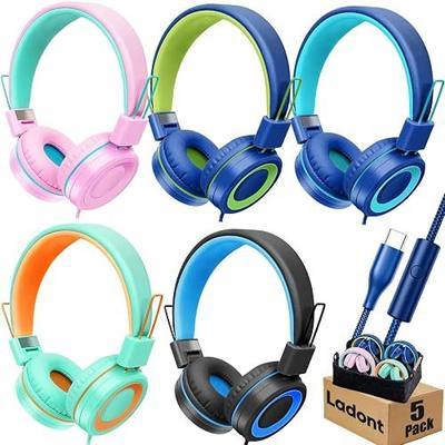 5 Pack Kids USB C Wired Headphones Bulk for Classroom School | Type C Wired headset with mic. Steel Adjustable headband,Tangle-Free Cord Earphones for Tablet, iPad, Chromebook